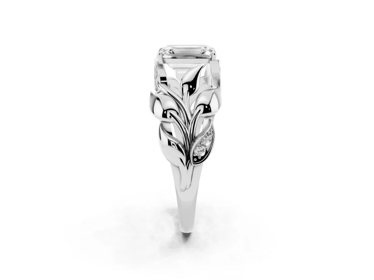 Emerald Cut Diamond Leaf-Inspired Engagement Ring with Round Accents and Prong Setting Silver