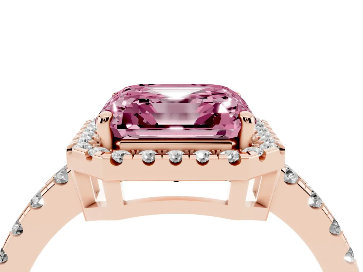 Fancy Pink Asscher Cut Diamond Halo Ring with Pavé Band and Four-Prong Setting Rose gold