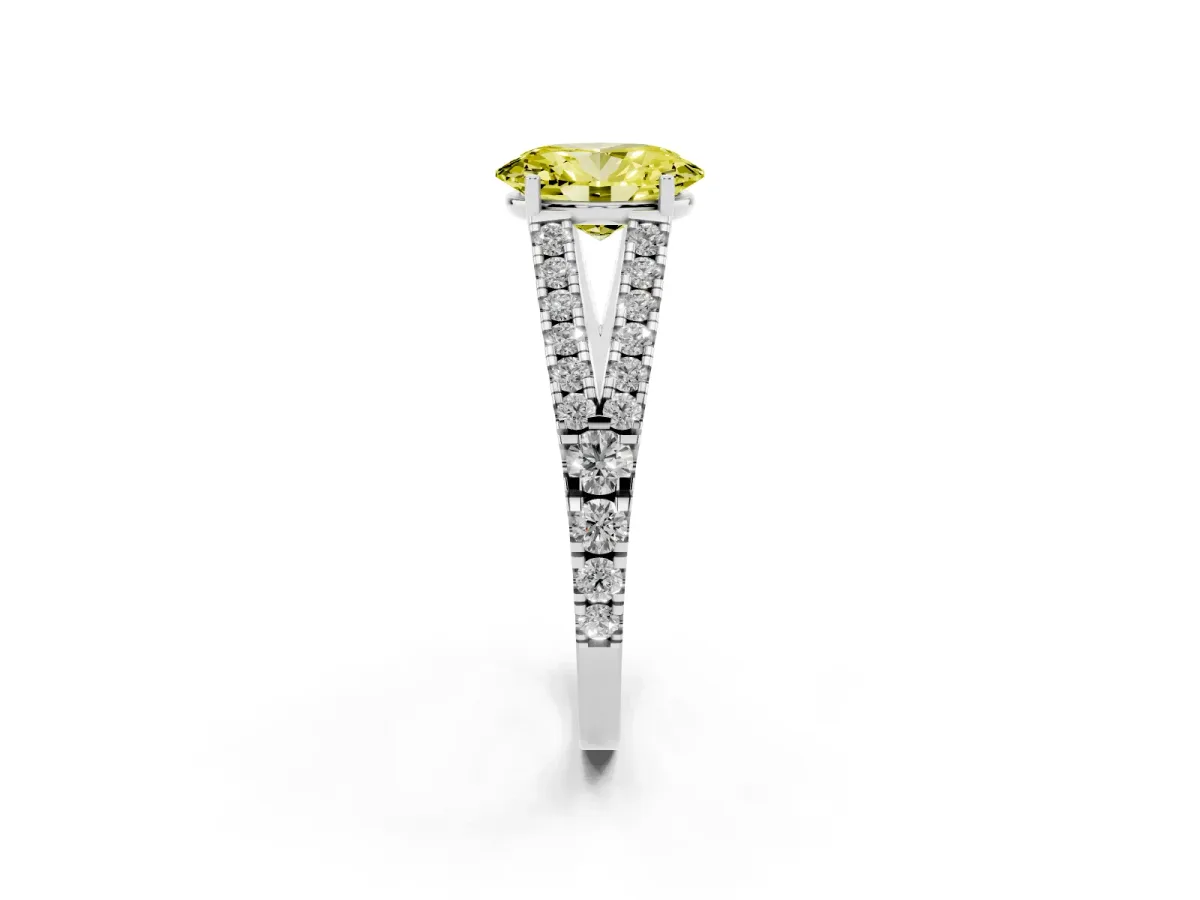 Fancy Yellow Oval Cut Diamond Split Shank Pavé Engagement Ring with Four-Prong Setting White gold