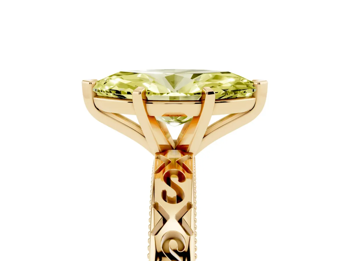 Fancy Yellow Marquise Cut Solitaire Engagement Ring with Scrollwork Band and Four-Prong Setting Yellow gold