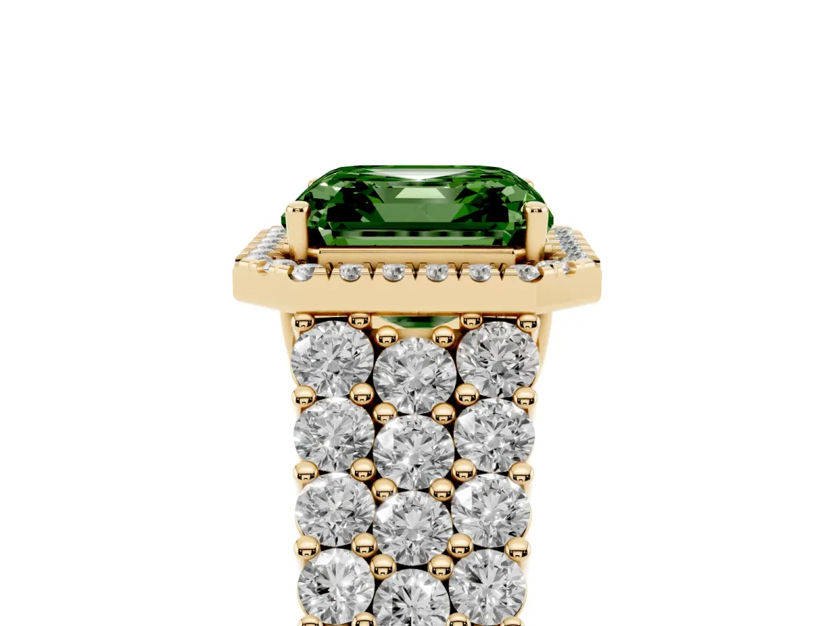 Fancy Green Asscher Cut Diamond Halo Engagement Ring with Triple Row Round Pavé Band and Prong Setting Yellow gold