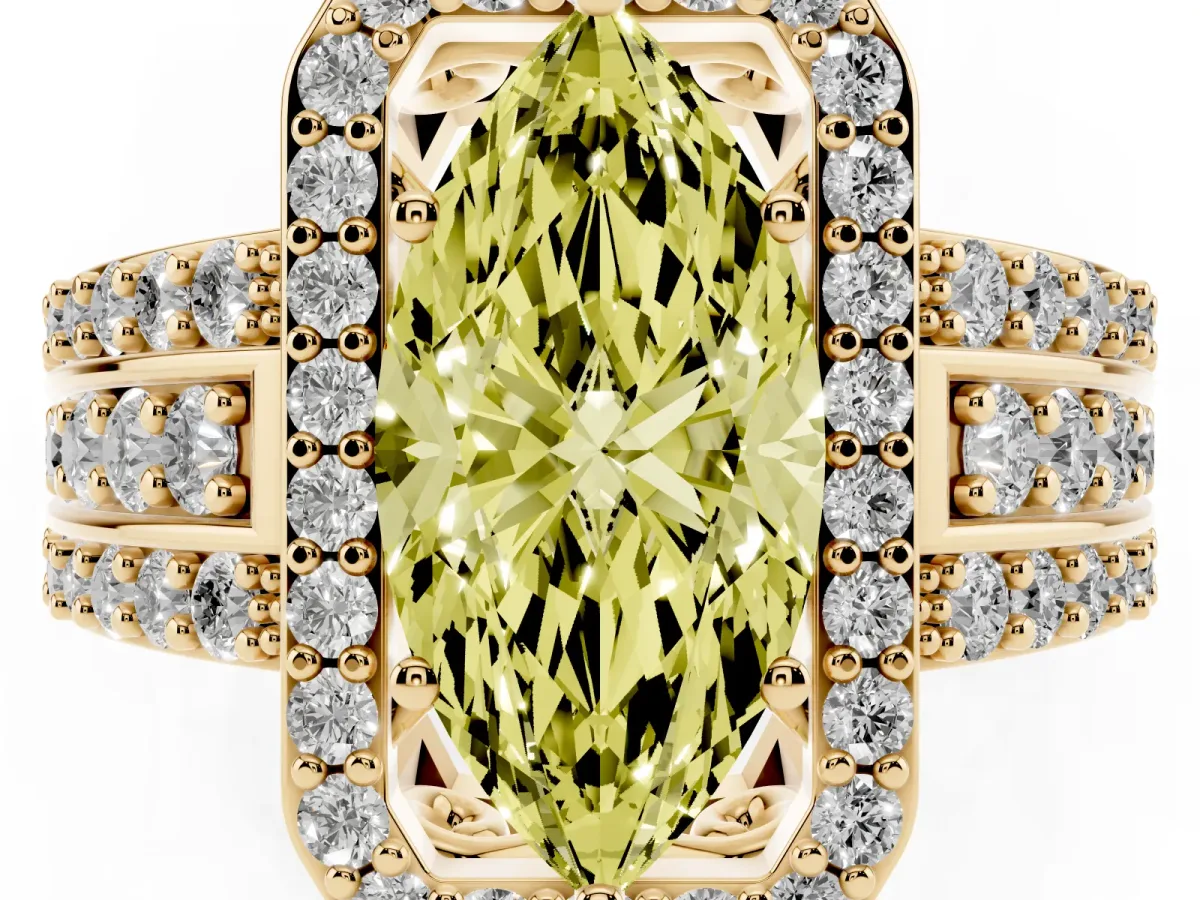 Fancy Yellow Marquise Cut Halo Diamond Ring with Round Split Shank and Prong Setting Yellow gold
