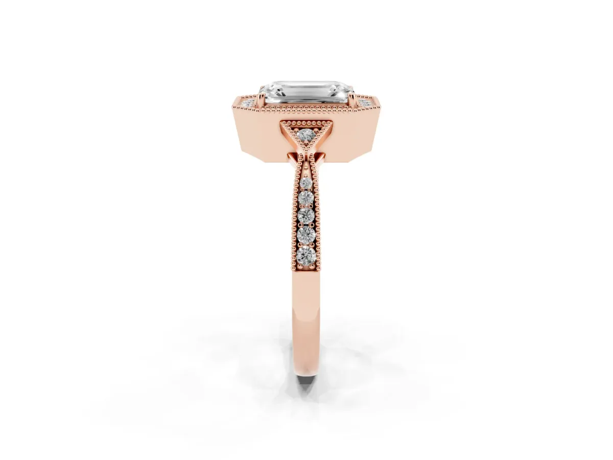 Emerald Cut Halo Round Diamond Milgrain Pave Engagement Ring Rose gold