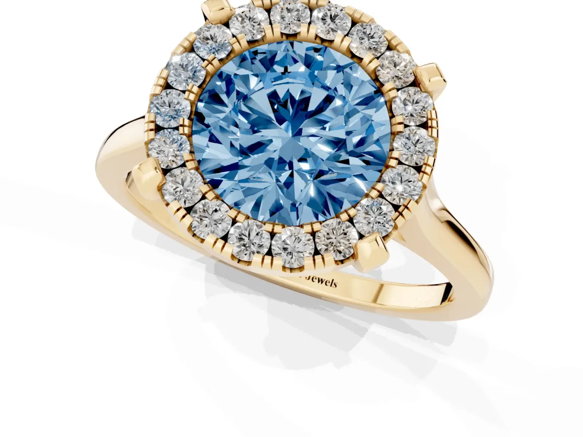 Fancy Blue Round Cut Diamond Cluster Halo Solitaire with Four-Prong Setting Yellow gold