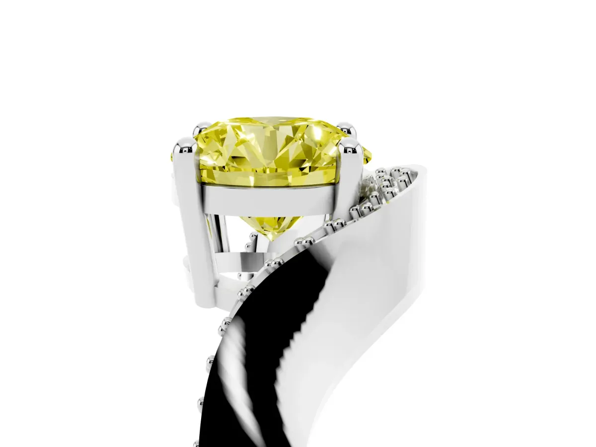 Fancy Yellow Round Cut Solitaire Diamond Engagement Ring with Pave Band and Four-Prong Setting Silver