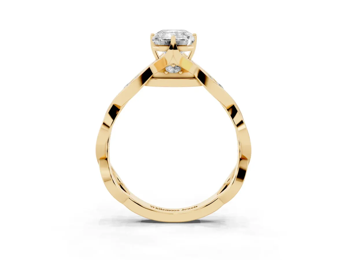Emerald Cut Solitaire Twist Band with Leaf Prong Setting Yellow gold