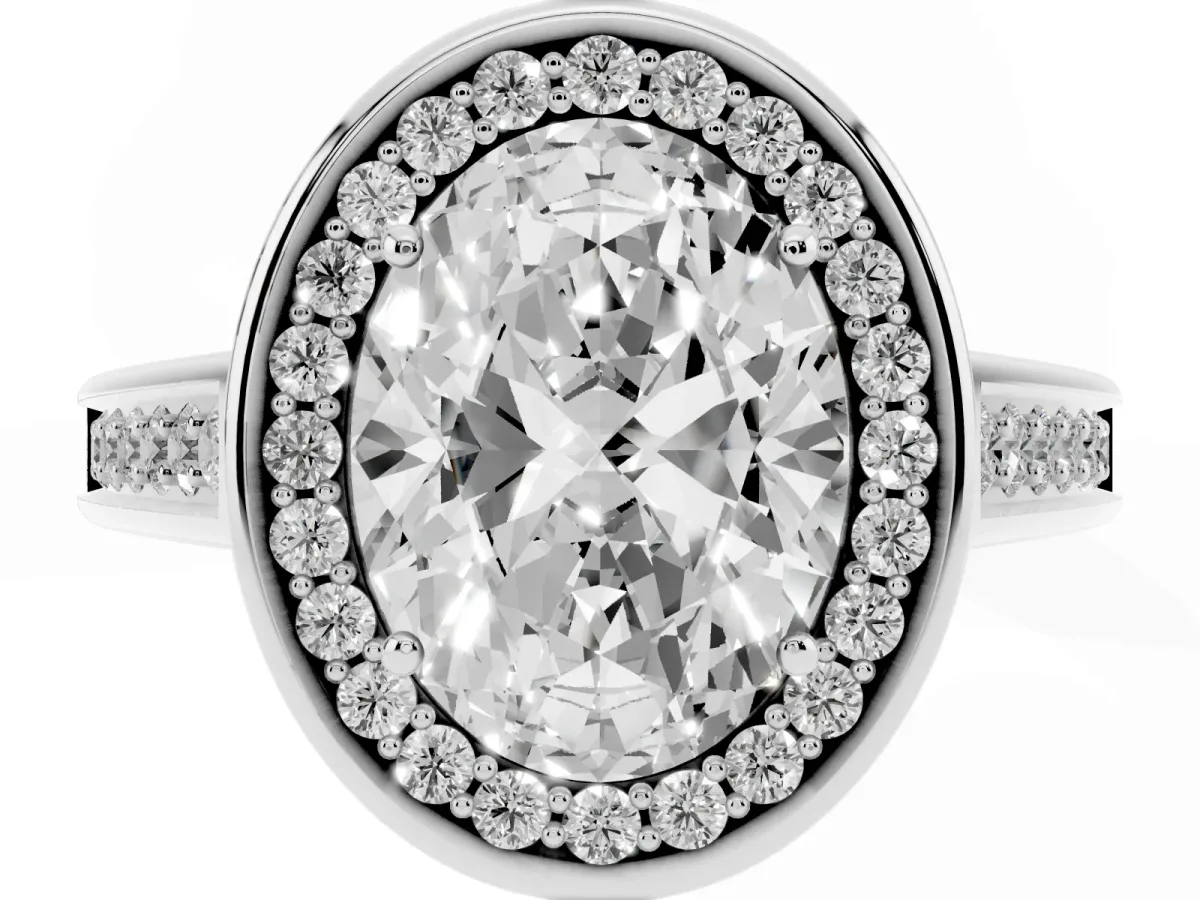 Oval Cut Halo Solitaire Diamond Ring with Pave Band and Bezel Setting Silver