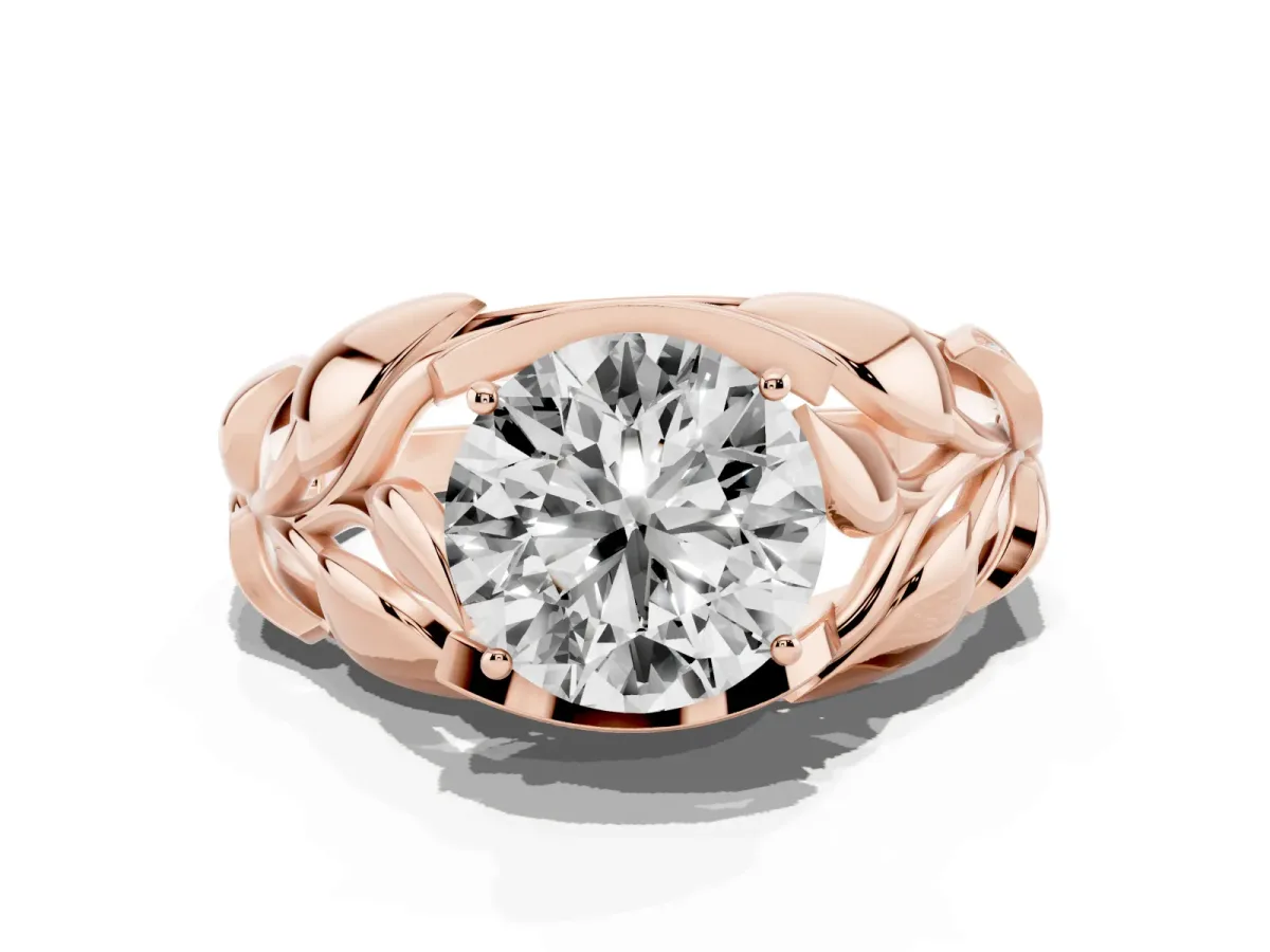 Round Cut Diamond Leaf-Inspired Engagement Ring with Round Accents and Prong Setting Rose gold
