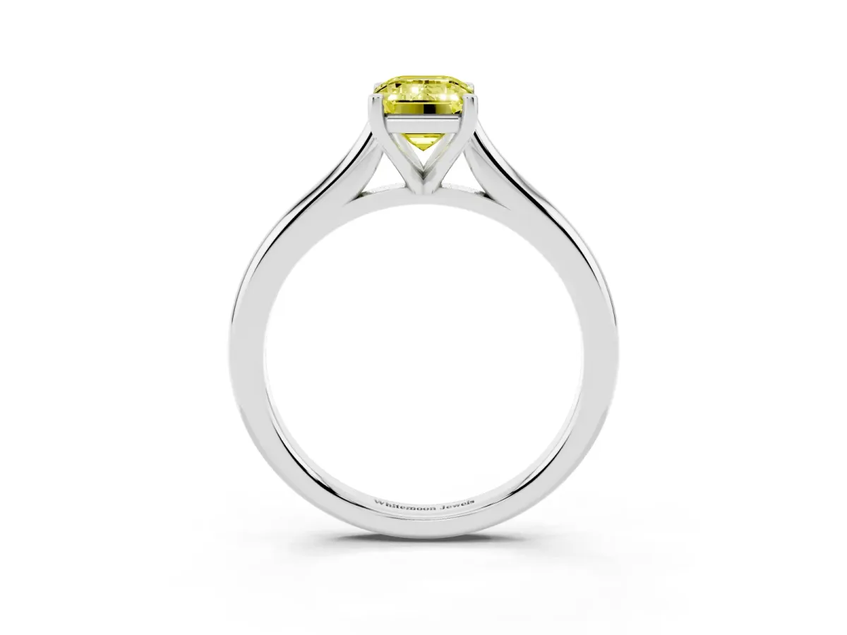Fancy Yellow Emerald Cut Cut Solitaire Ring with Cathedral Band and Four-Prong Setting Silver