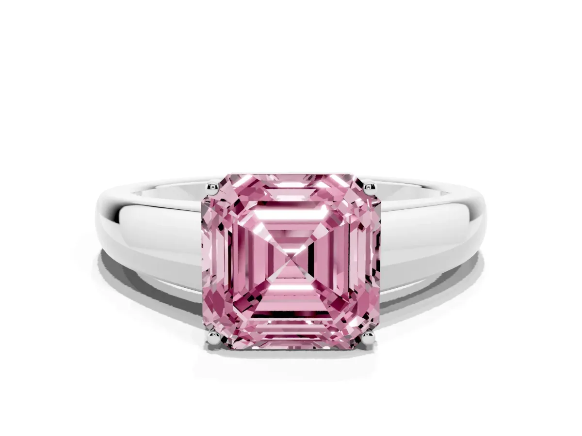 Fancy Pink Asscher Cut Solitaire Diamond Ring with Tapered Band and Four-Prong Setting Silver