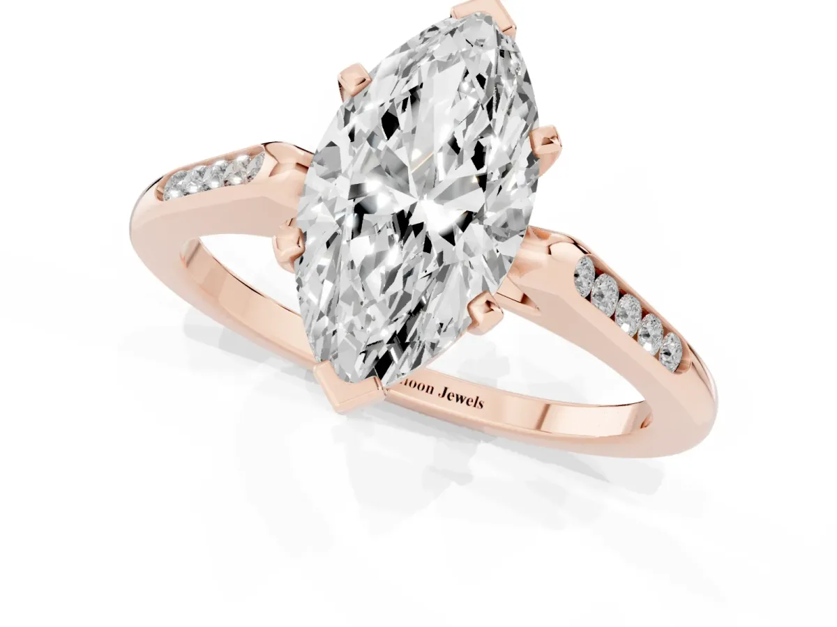 Marquise Cut Diamond Solitaire Ring with Channel Set Round Band and Prong Setting Rose gold