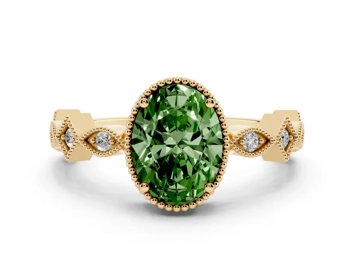 Fancy Green Oval Cut Milgrain Marquise Diamond Twist Band Ring Yellow gold
