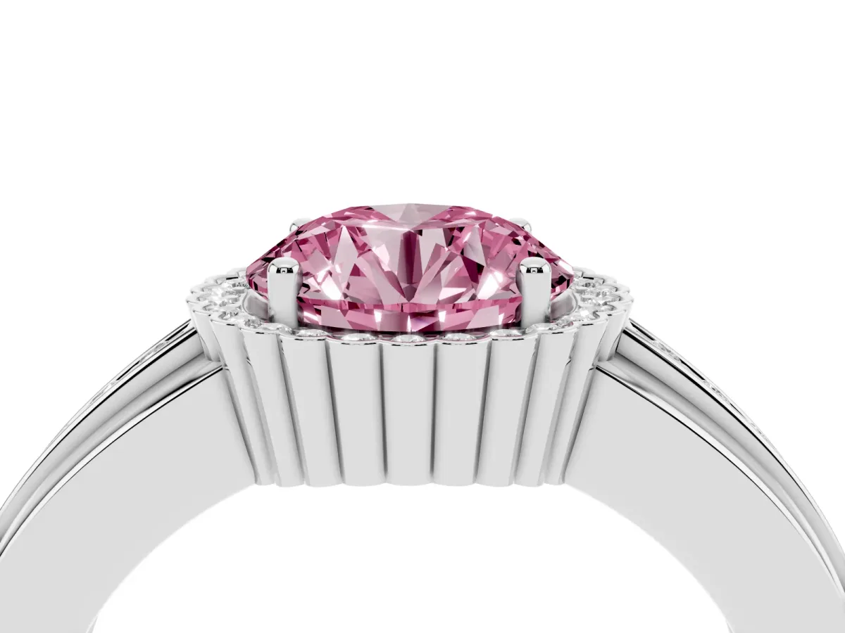 Fancy Pink Round Cut Cut Halo Pave Band Four-Prong Ring Platinum