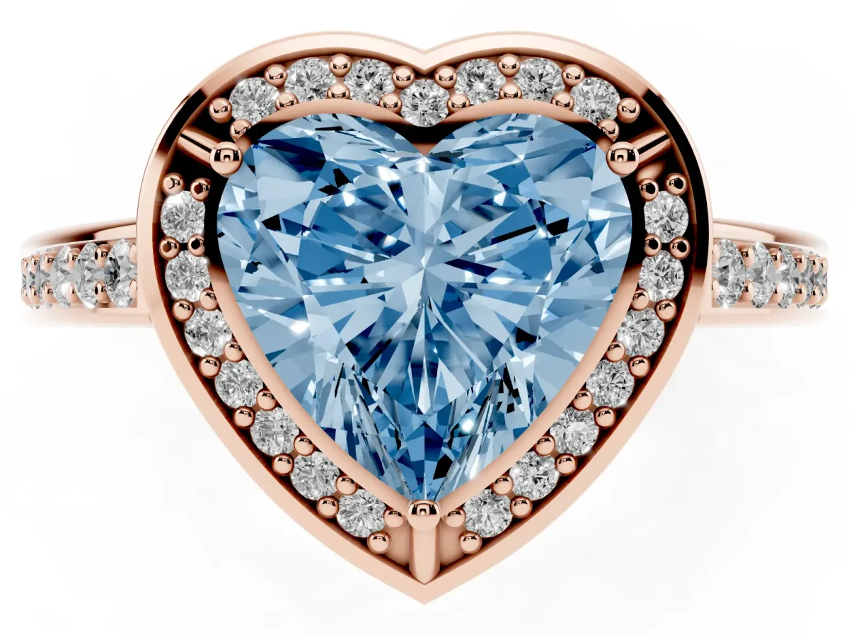 Fancy Blue Heart Cut Cut Halo Pave Split Shank Prong Setting Ring Rose gold