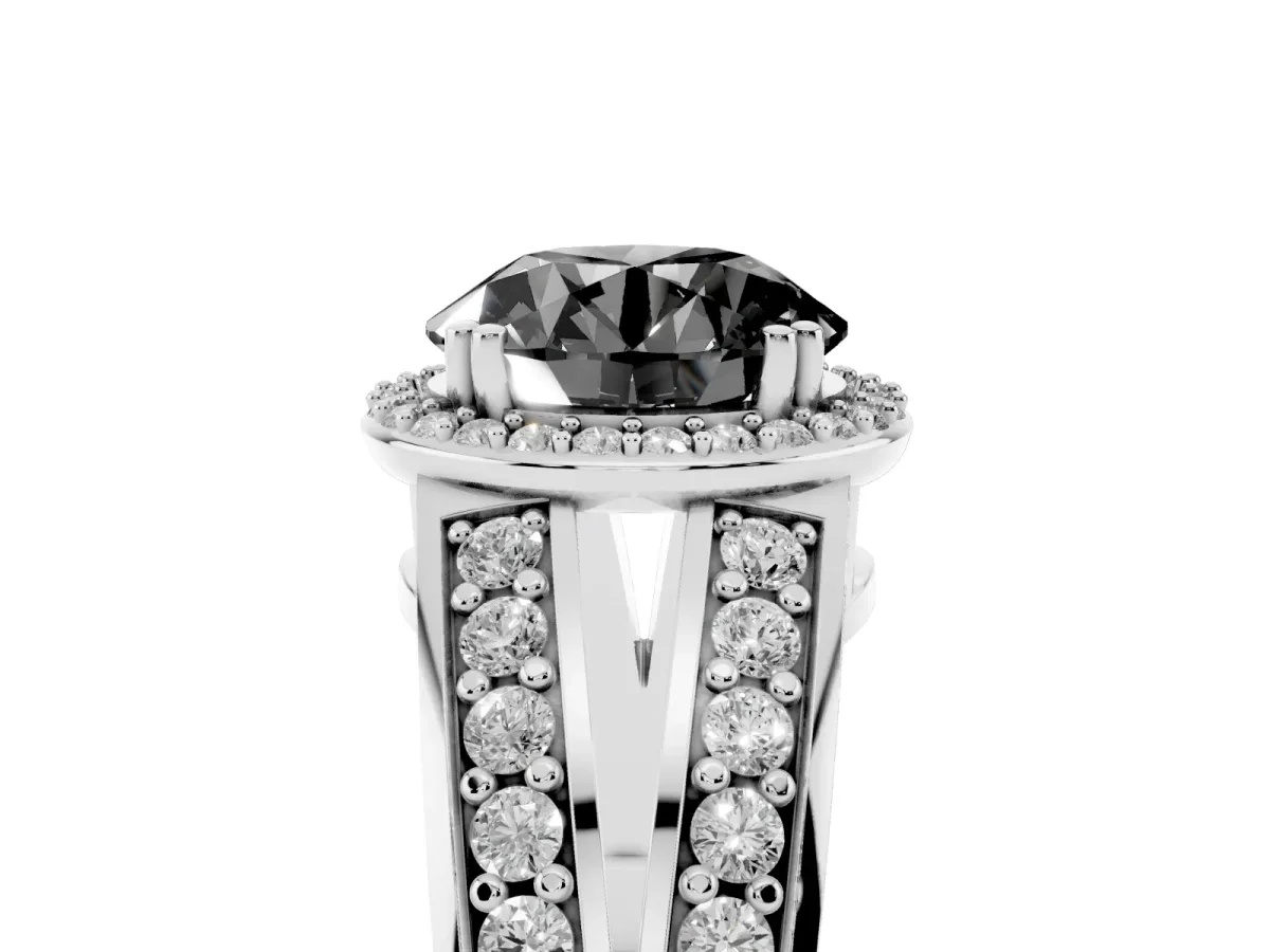 Fancy Black Round Cut Diamond Halo Ring with Split Shank Pavé Band and Four-Prong Setting Platinum