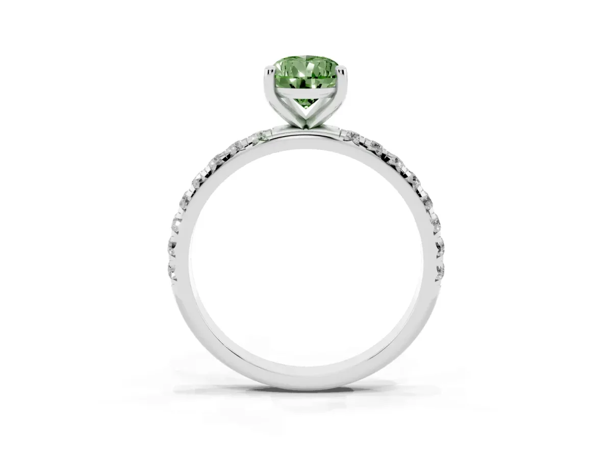 Fancy Green Pear Cut Cut Diamond Solitaire Ring with Micro Pave Band and Four Prong Setting Silver