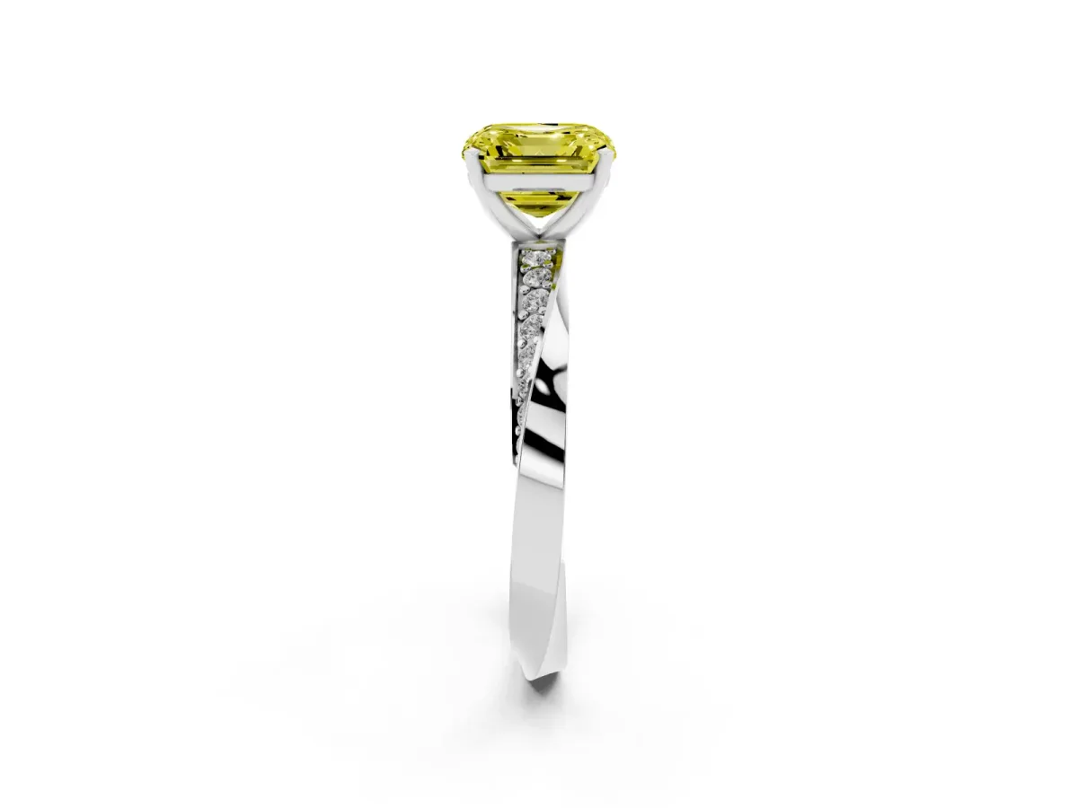 Fancy Yellow Asscher Cut Diamond Engagement Ring with Side Stone Accents and Four-Prong Setting Silver