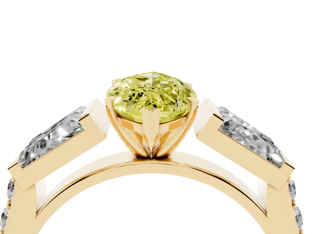 Fancy Yellow Marquise Cut Diamond Engagement Ring with Baguette Side Stones and Channel Set Band Yellow gold