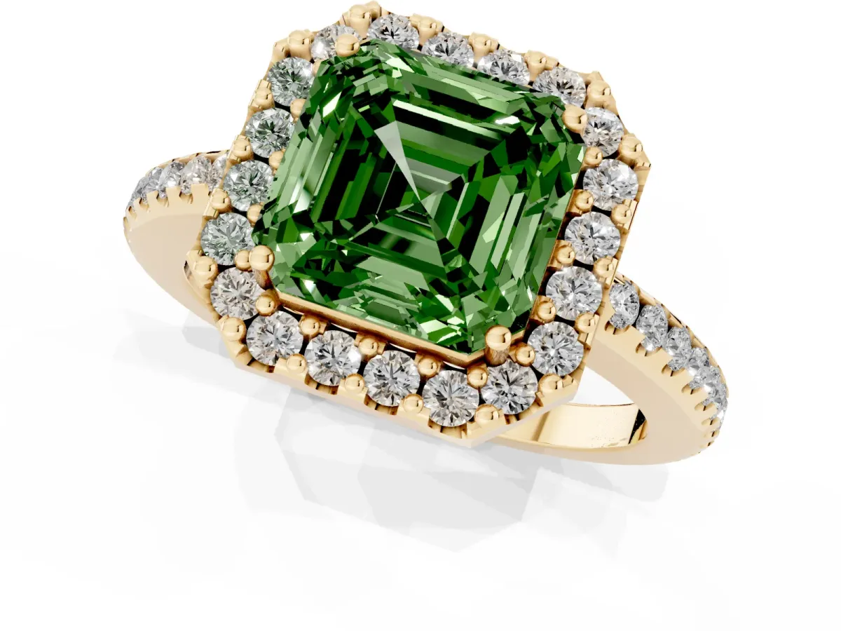 Fancy Green Asscher Cut Diamond Pavé Halo Ring with Four-Prong Setting Yellow gold