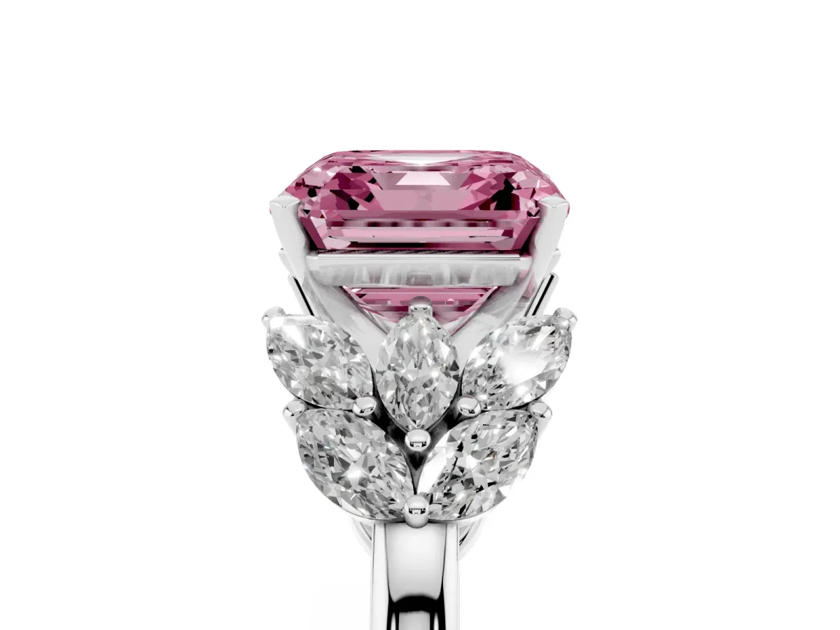 Fancy Pink Asscher Cut Diamond Cluster Leaf Design Ring with Prong Setting Silver