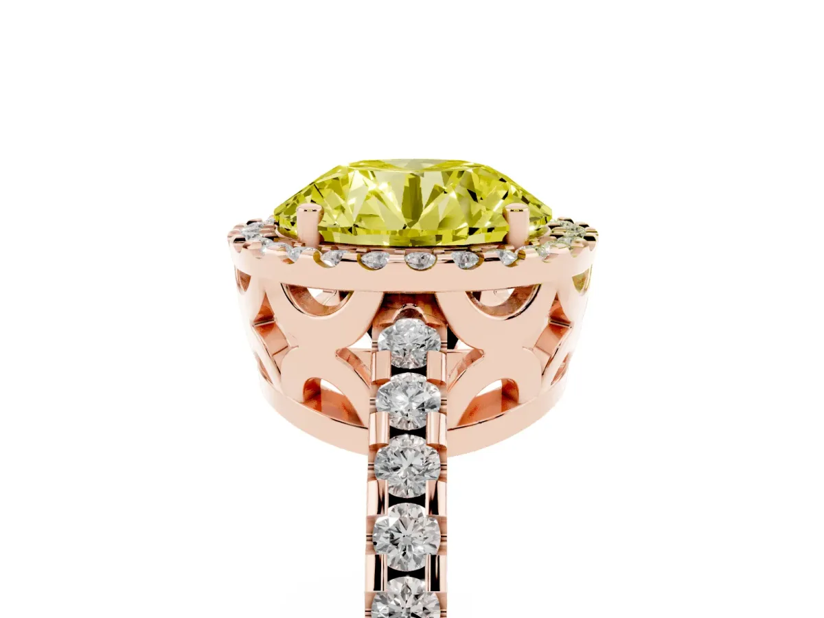 Fancy Yellow Round Cut Diamond Halo Engagement Ring with Pavé Band and Prong Setting Rose gold