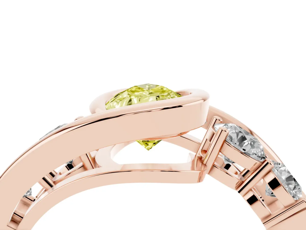 Fancy Yellow Bezel Set Pear Cut Diamond Bypass Ring with Round Accents Rose gold