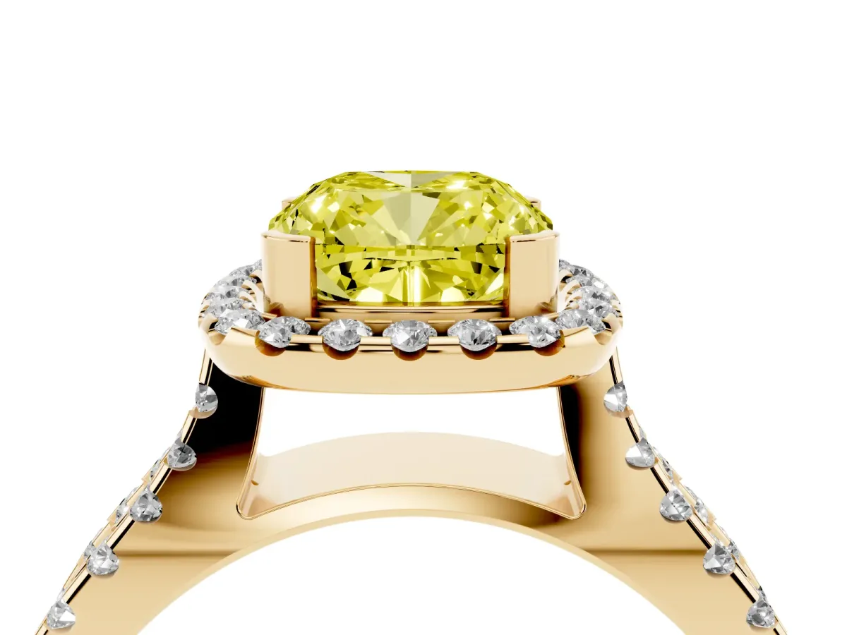 Fancy Yellow Cushion Cut Diamond Halo Ring with Split Shank Pavé Band and Prong Setting Yellow gold