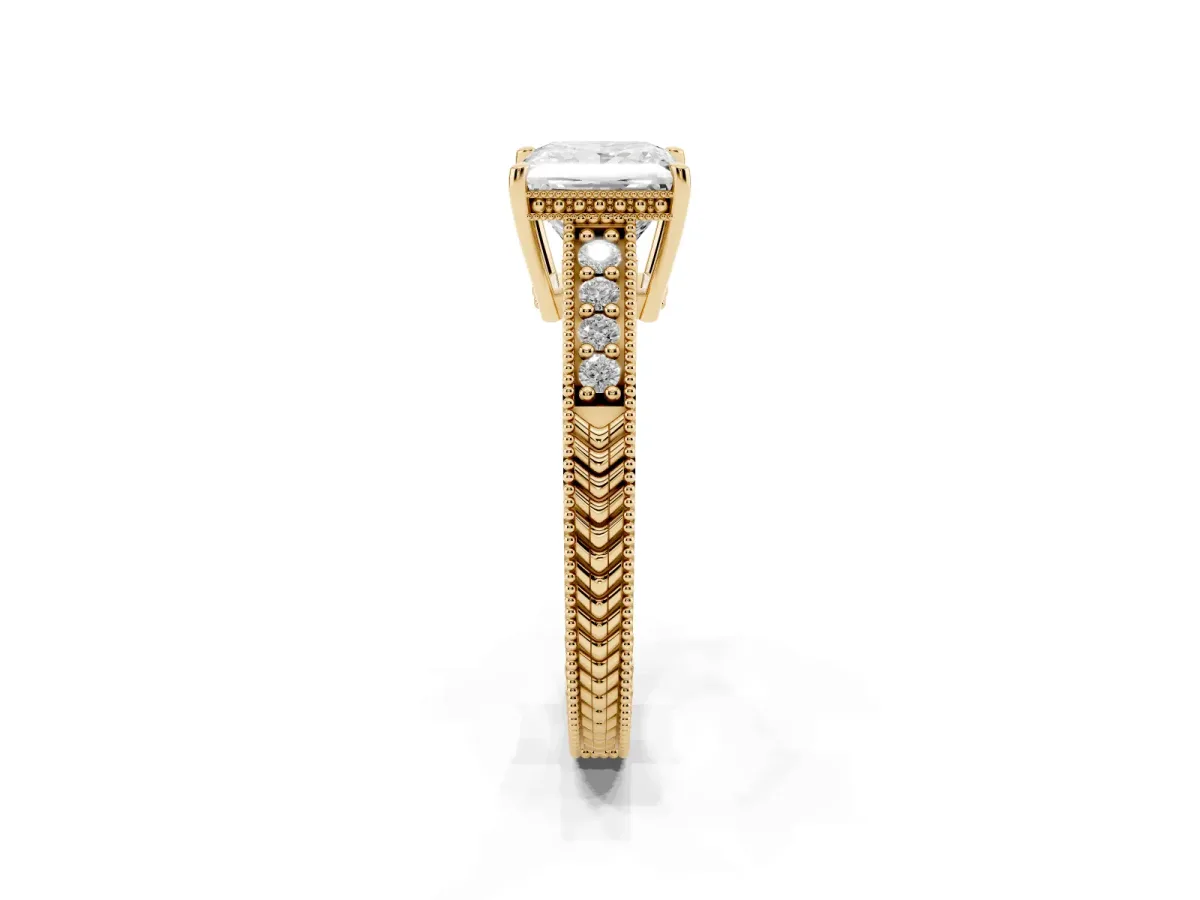 Princess Cut Solitaire Pavé Diamond Milgrain Engagement Ring with Four-Prong Setting Yellow gold