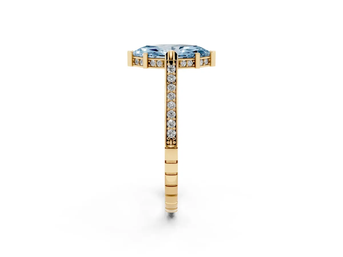 Fancy Blue Marquise Cut Solitaire Diamond Ring with Channel Set Band and Bezel Prong Setting Yellow gold