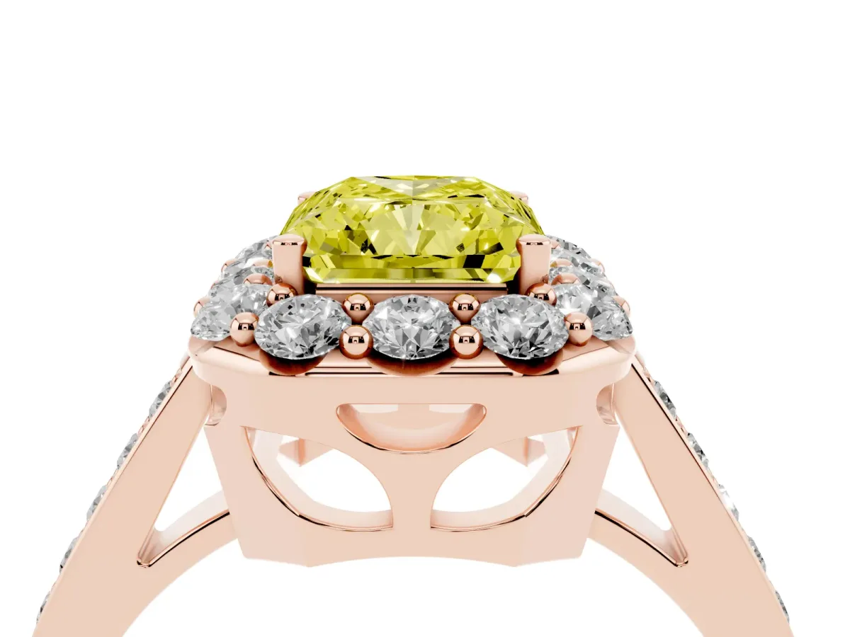 Fancy Yellow Radiant Cut Diamond Floral Halo Ring with Pavé Band and Prong Setting Rose gold