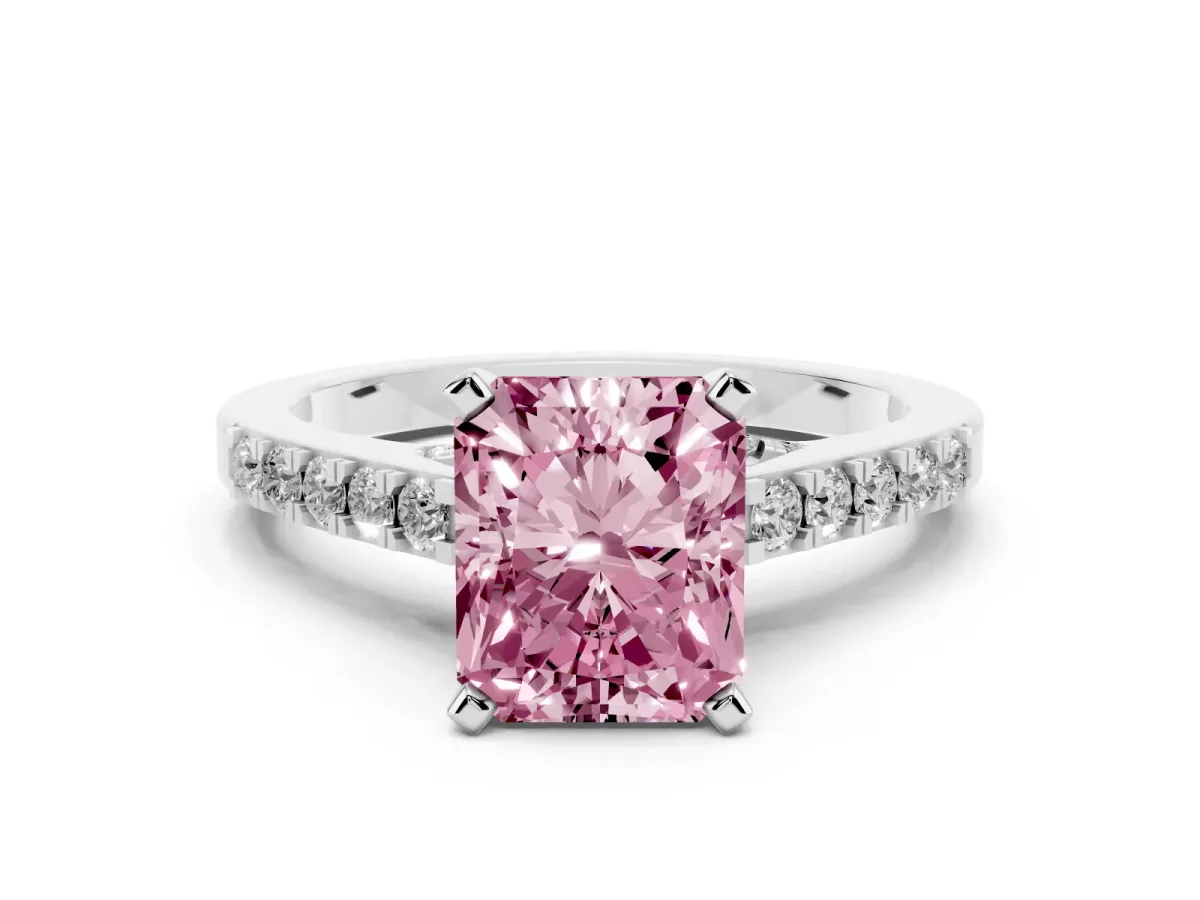 Fancy Pink Radiant Cut Diamond Solitaire Ring with Crossover Gallery and Round Pavé Band Platinum