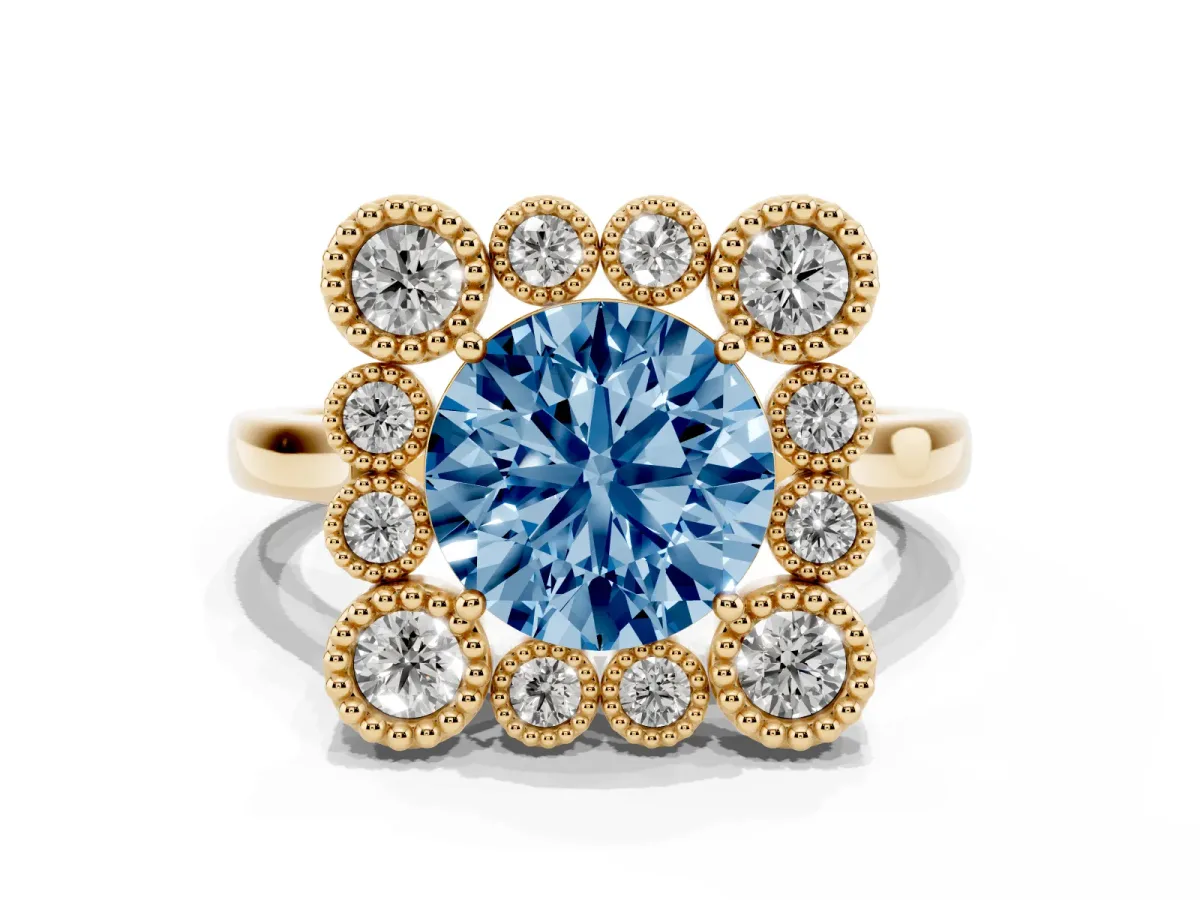 Fancy Blue Round Cut Halo Diamond Cluster Engagement Ring with Milgrain Bezel Setting and Solitaire Band Yellow gold