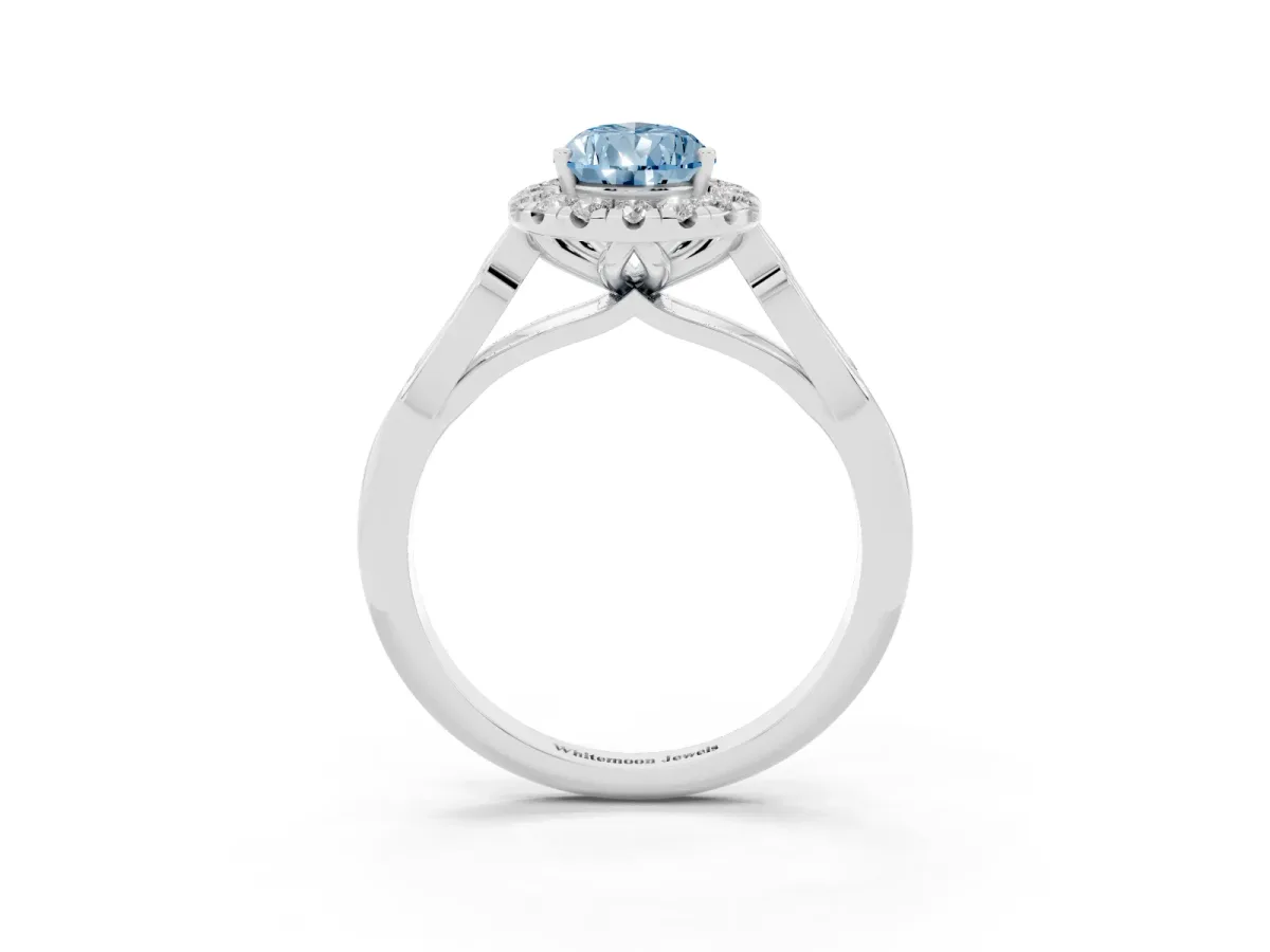 Fancy Blue Pear Cut Halo Diamond Engagement Ring with Filigree Band and Four-Prong Setting Platinum