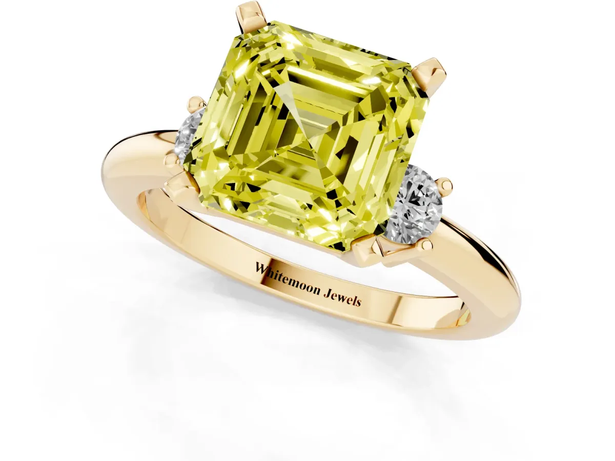 Fancy Yellow Three-Stone Asscher Cut Cut Diamond Solitaire with Prong Setting and Classic Band Yellow gold