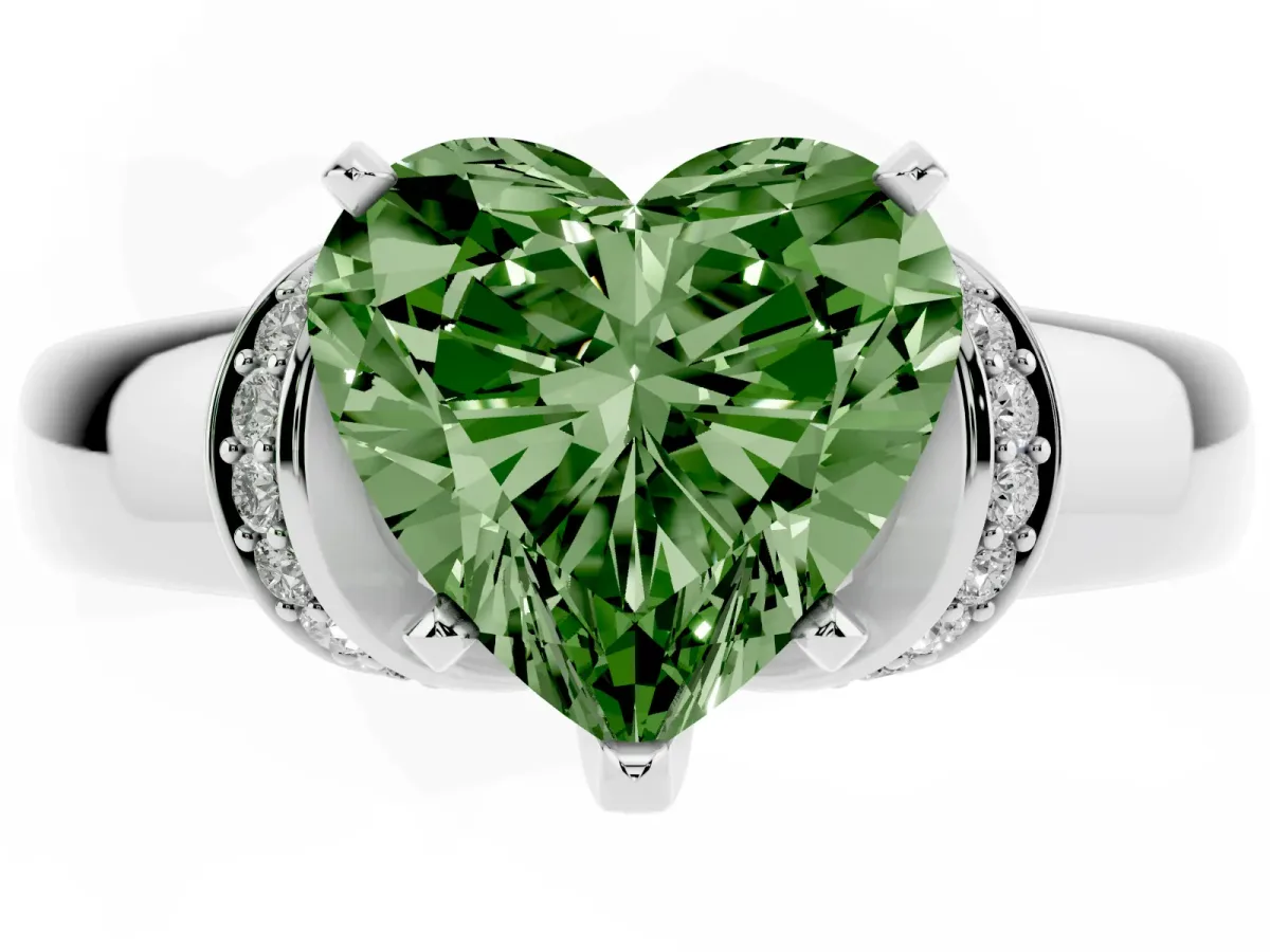 Fancy Green Heart Cut Solitaire Diamond Ring with Pave Band and Six-Prong Setting Platinum