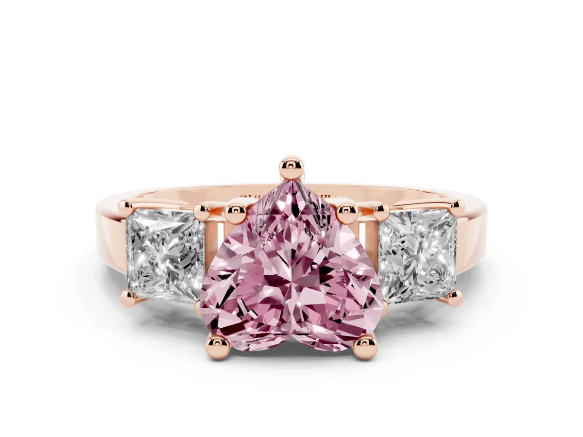 Fancy Pink Three-Stone Heart Cut Cut Solitaire Ring with Prong Setting Rose gold