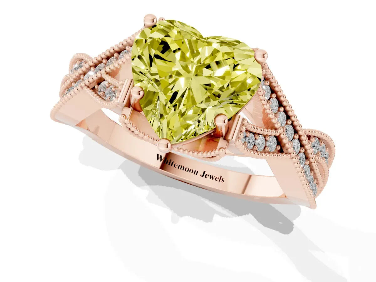 Fancy Yellow Heart Cut Cut Diamond Twisted Band with Milgrain Pave Setting and Four-Prong Setting Rose gold