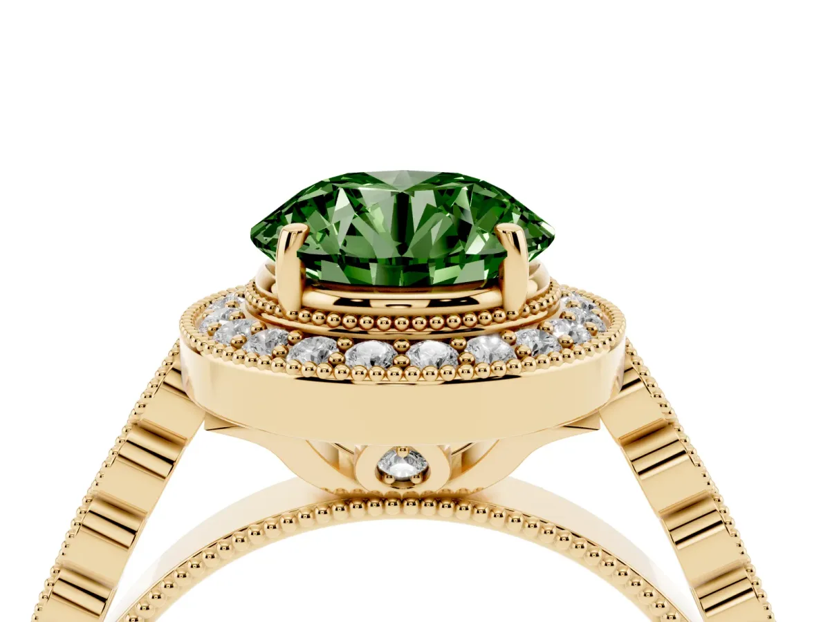 Fancy Green Round Cut Halo Milgrain Solitaire with Bezel Set Side Stones and Pave Band Yellow gold