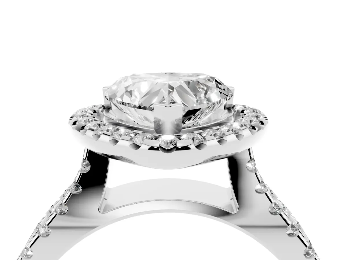 Heart Cut Diamond Halo Ring with Split Shank Pavé Band and Prong Setting Silver