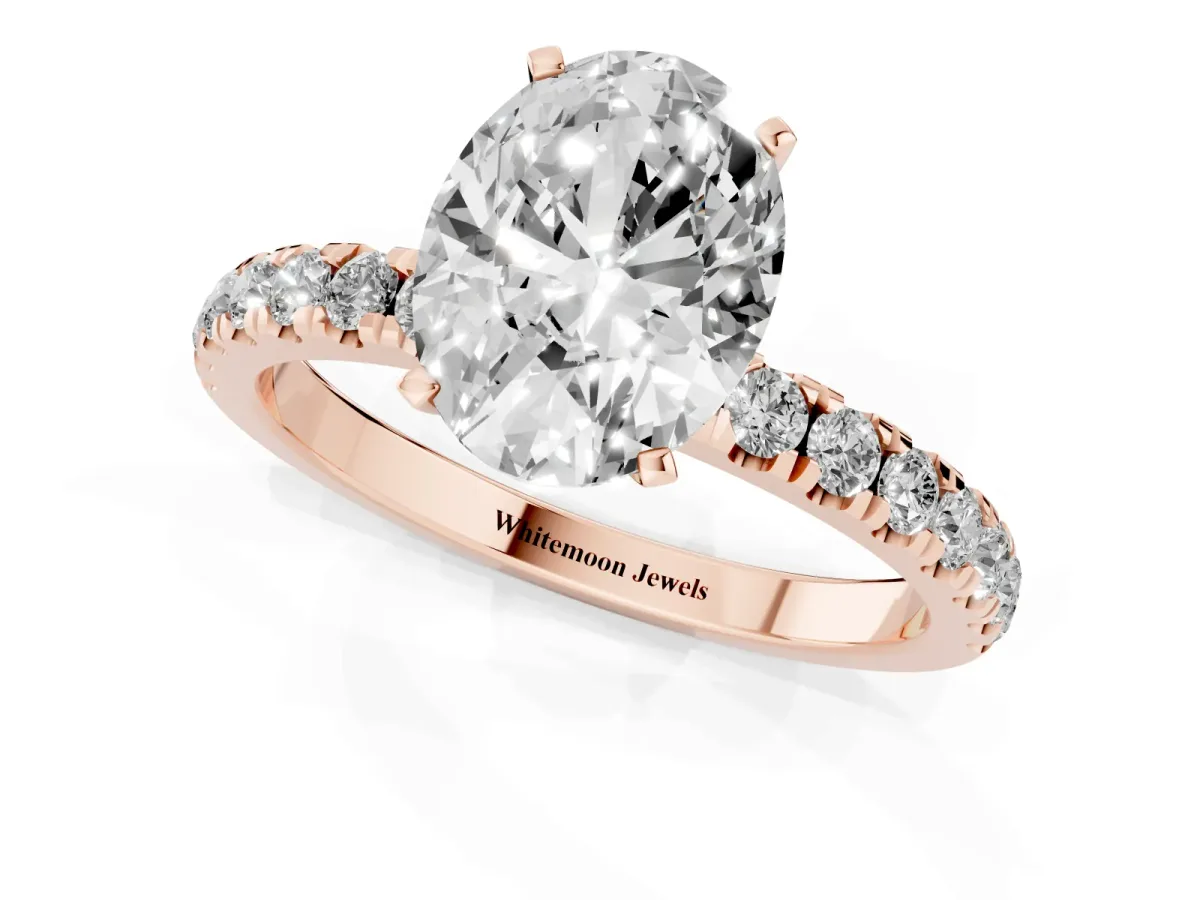 Oval Cut Diamond Solitaire Ring with Pavé Accents and Four-Prong Setting Rose gold