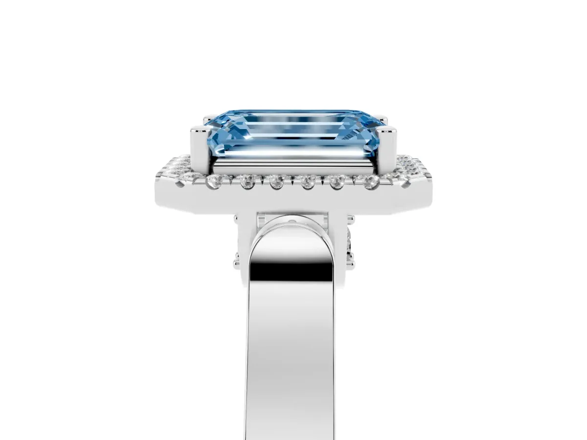 Fancy Blue Emerald Cut Halo Round Diamond Twist Band with Four-Prong Setting Silver