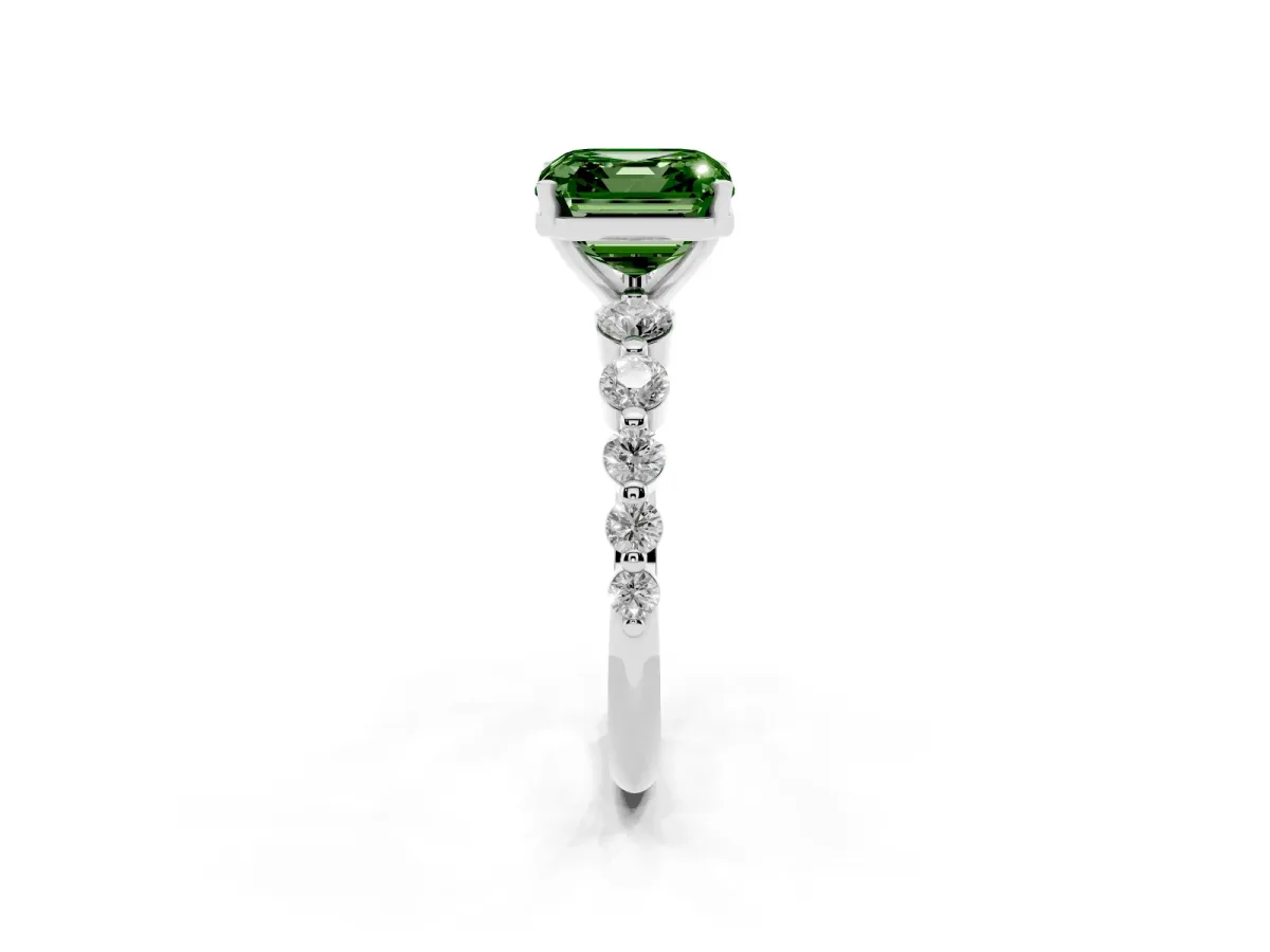 Fancy Green Asscher Cut Solitaire Diamond Ring with Pave Band and Four-Prong Setting Silver
