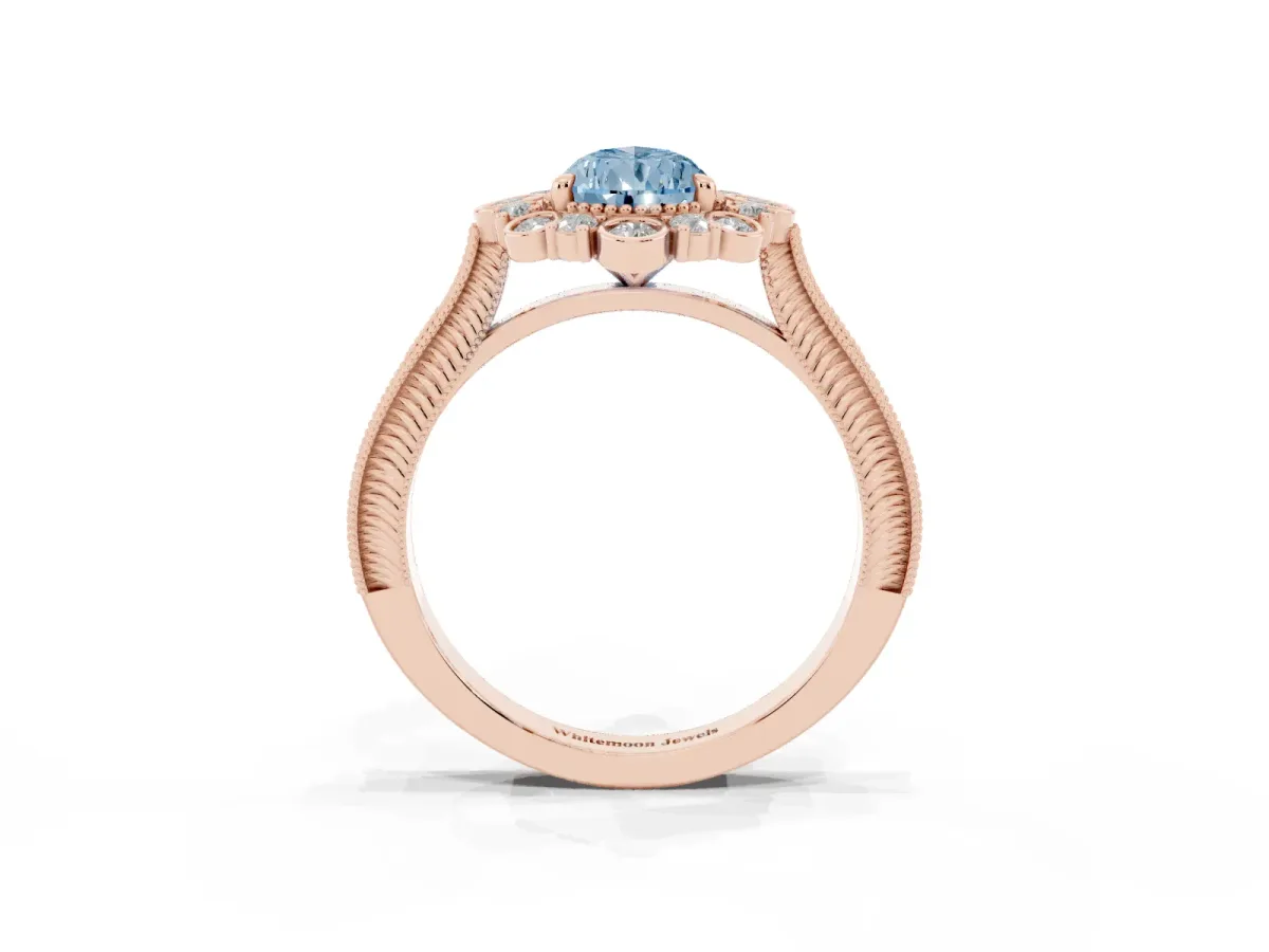 Fancy Blue Pear Cut Halo Milgrain Pave Diamond Ring with Four-Prong Setting Rose gold