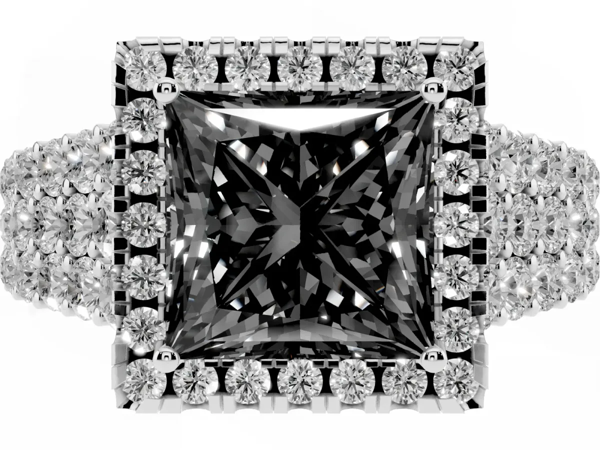 Fancy Black Princess Cut Diamond Halo Engagement Ring with Triple Row Round Pavé Band and Prong Setting Silver