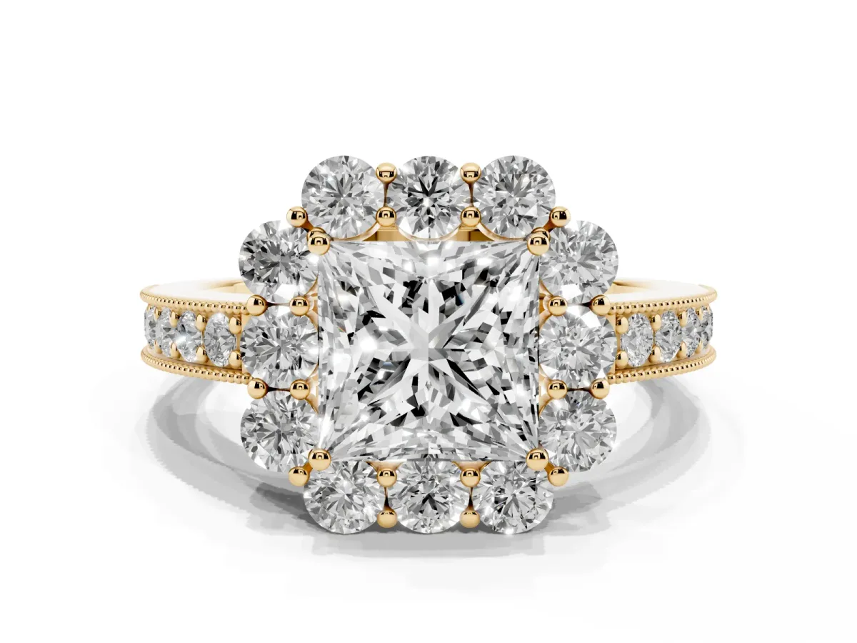 Princess Cut Cut Halo Diamond Pavé Engagement Ring with Milgrain Detailing Yellow gold