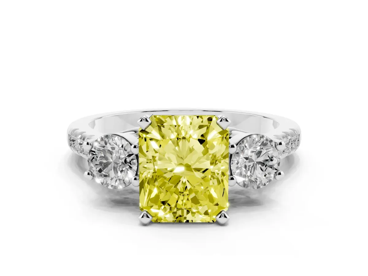 Fancy Yellow Three-Stone Radiant Cut Diamond Pavé Band with Four-Prong Setting Silver