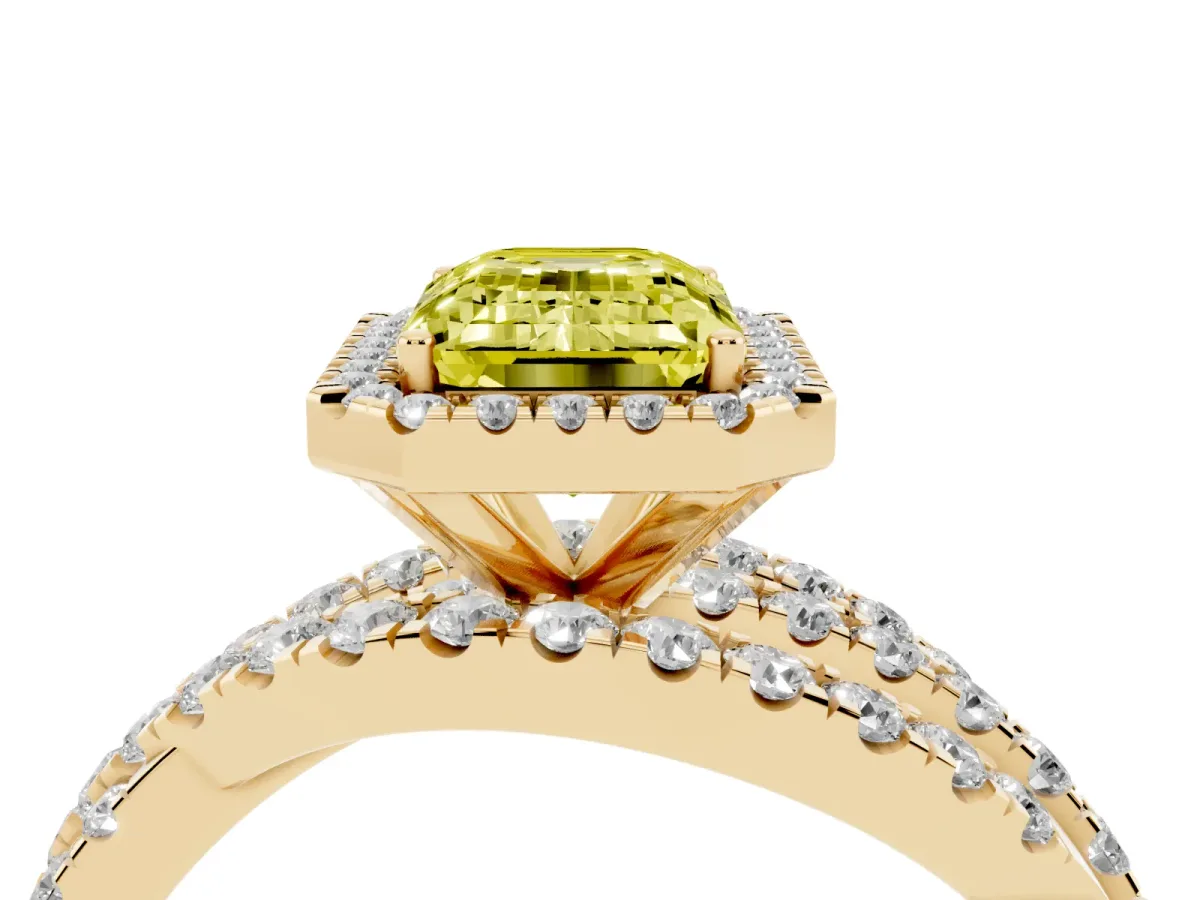 Fancy Yellow Emerald Cut Diamond Halo Ring with Round Split Shank and Prong Setting Yellow gold