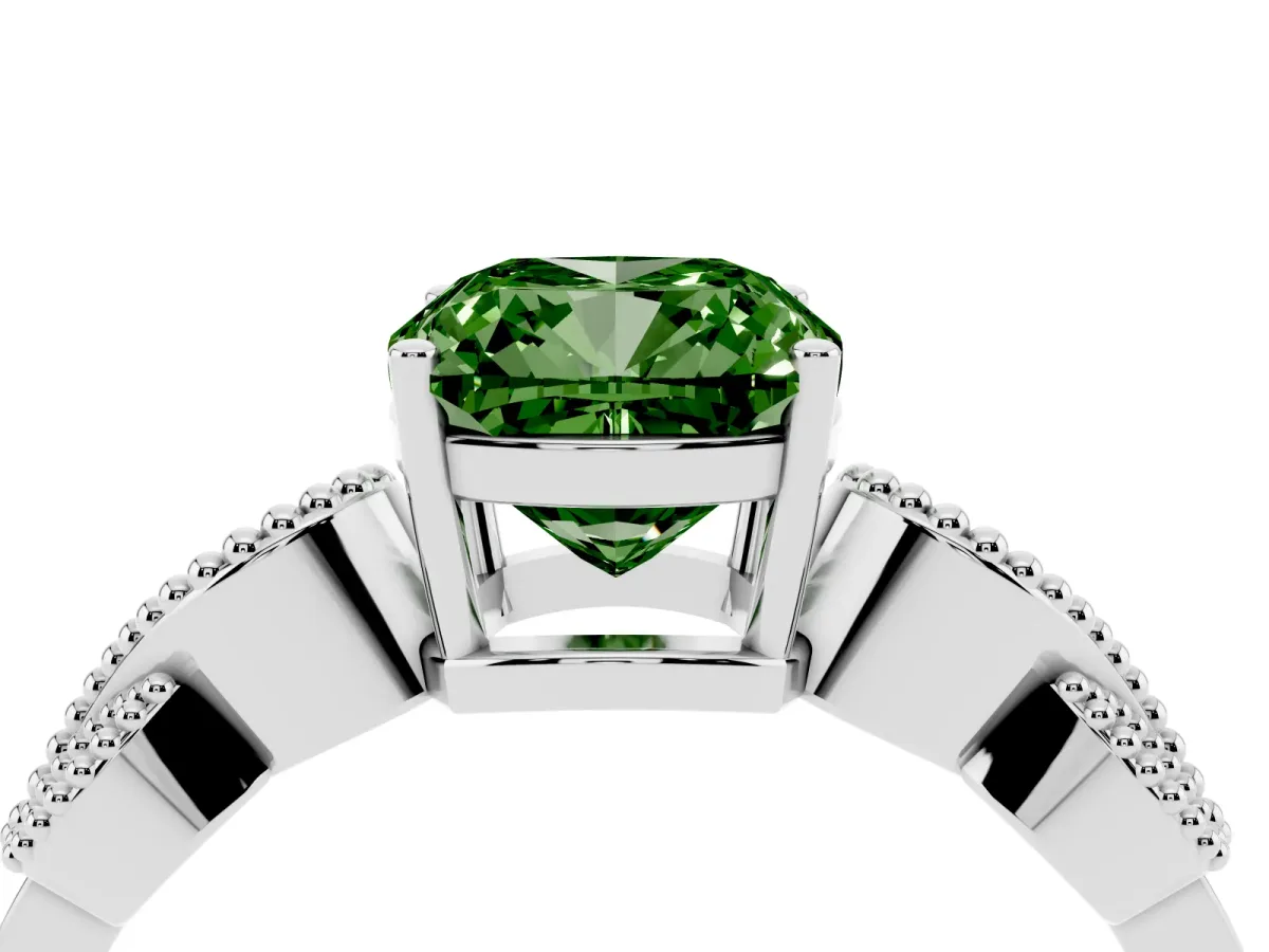 Fancy Green Cushion Cut Solitaire Milgrain Leaf Band with Prong Setting Silver