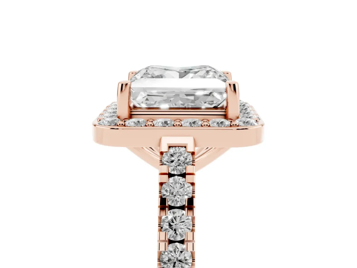 Princess Cut Diamond Halo Ring with Round Pavé Split Shank and Prong Setting Rose gold