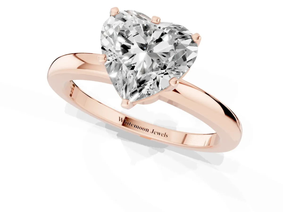 Heart Cut Solitaire Diamond Ring with Six-Prong Setting on a Classic Band Rose gold